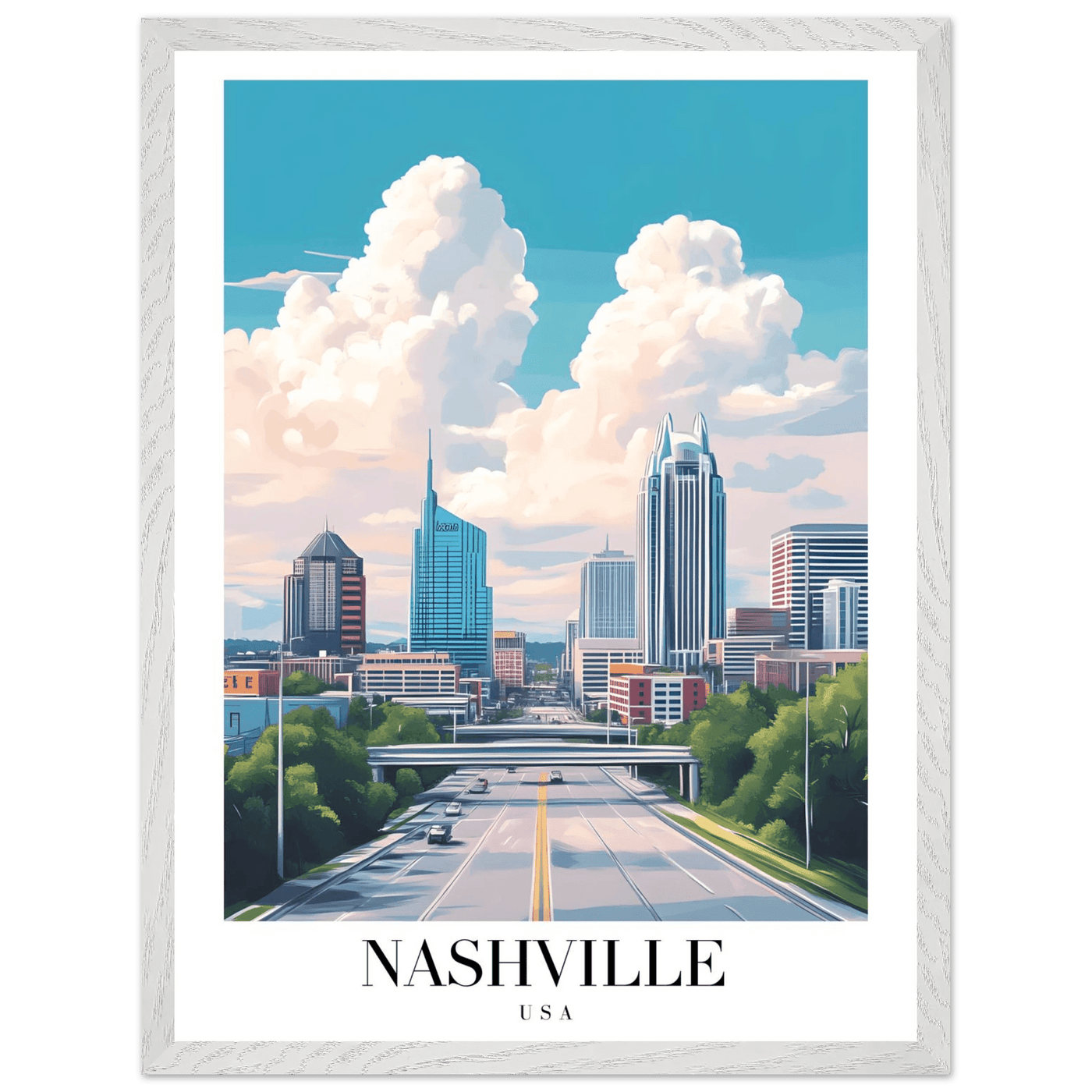 Nashville USA Cityscape Framed Poster – Modern Travel Wall Art with Wooden Frame & Your Choice of Size - Vibrantwalls