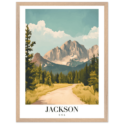 Jackson USA Mountain Landscape Framed Poster – Vintage Travel Wall Art with Wooden Frame - Vibrantwalls