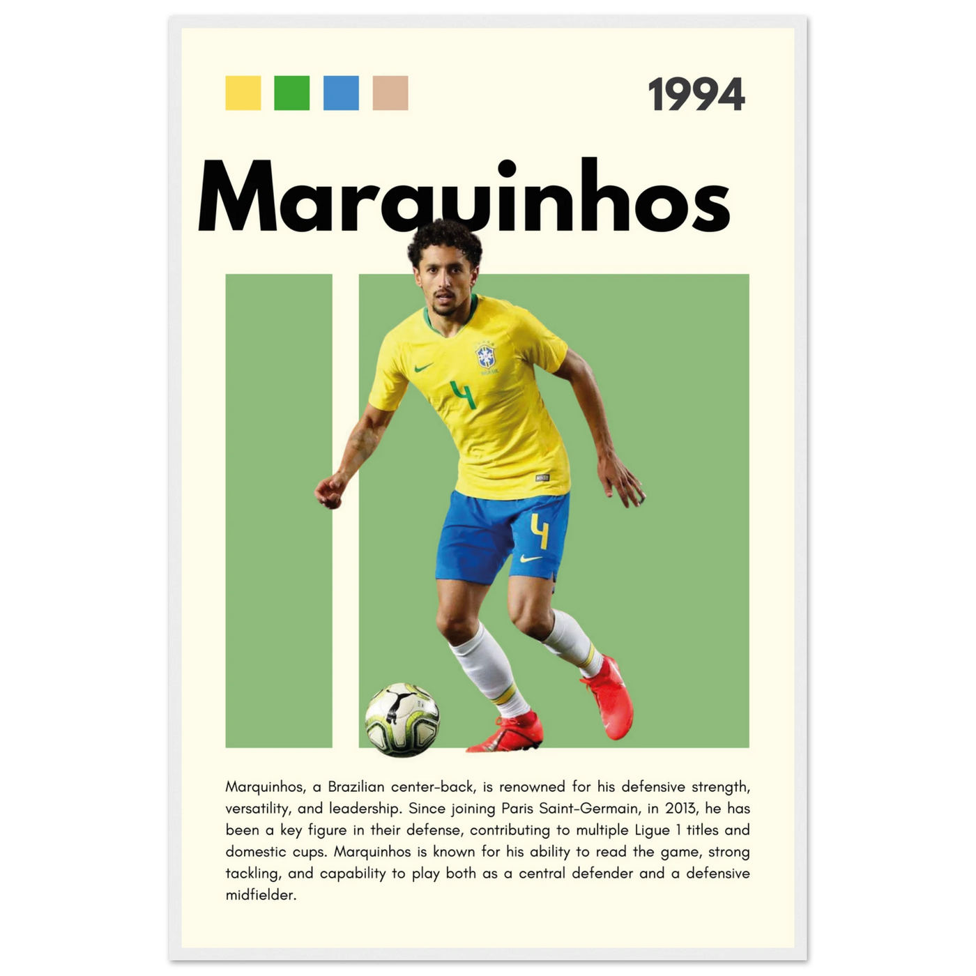 Marquinhos Brazil Football Framed Poster – Iconic Soccer Art Print for Fans 60x90 cm 24x36″ White frame Vibrantwalls