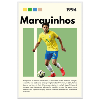 Marquinhos Brazil Football Framed Poster – Iconic Soccer Art Print for Fans 60x90 cm 24x36″ White frame Vibrantwalls