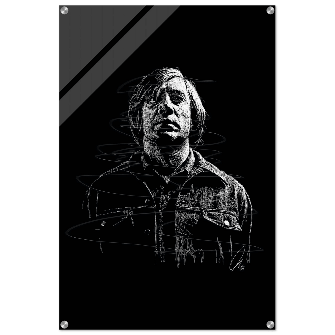 Javier Bardem in No Country for Old Men – Iconic Scrawl Art Acrylic Print - Vibrantwalls