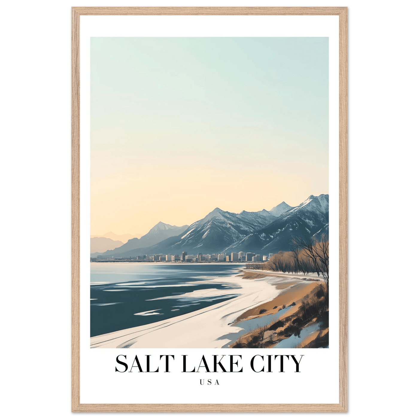 Salt Lake City Framed Poster – Modern Winter Landscape Art with Wood Frame - Vibrantwalls