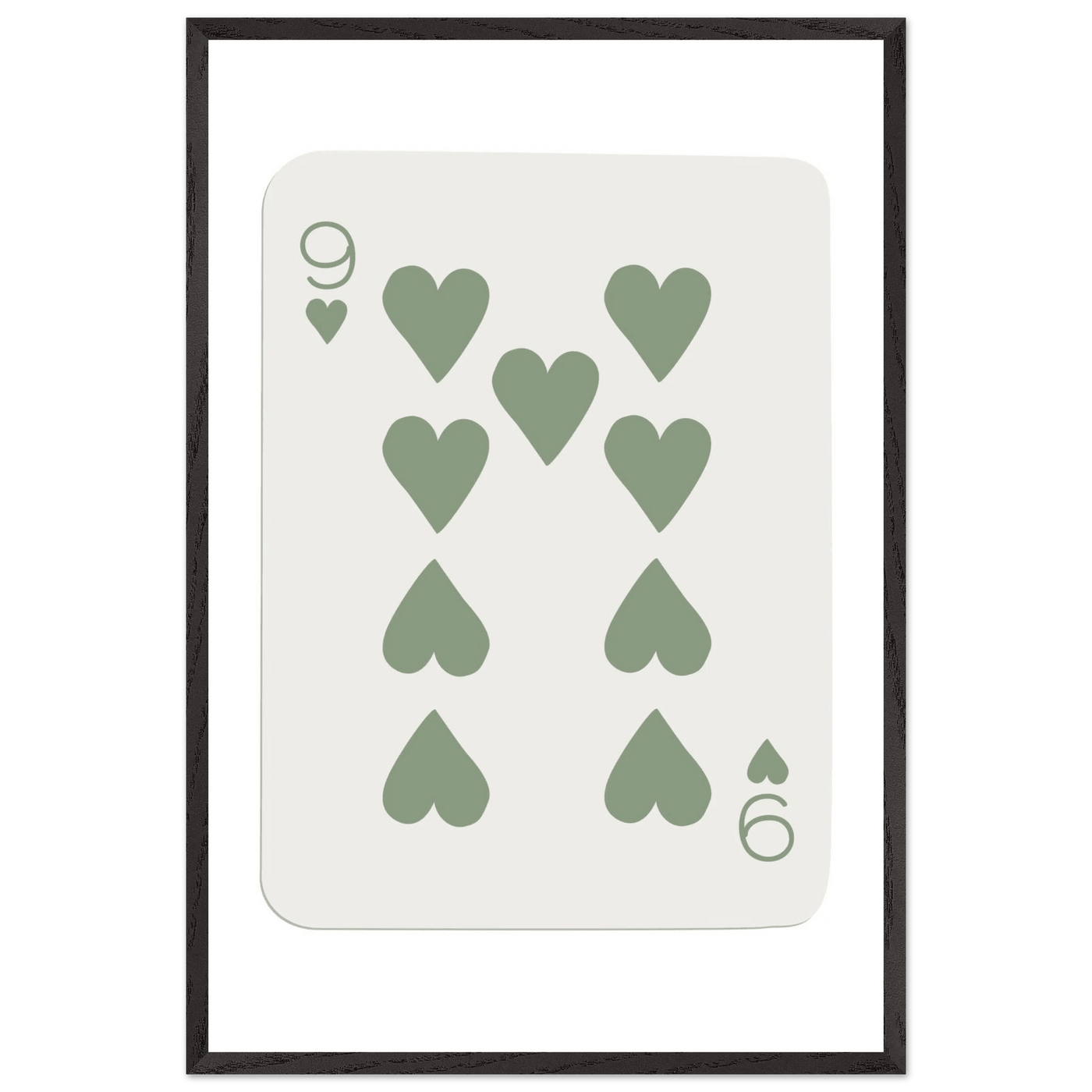 Minimalist Nine of Hearts Poker Card Print - Mounted Framed Wall Art, Sage Green Boho Decor, Eco-Friendly Wood Frame - Vibrantwalls