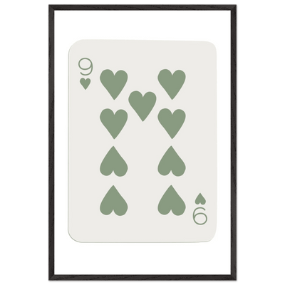 Minimalist Nine of Hearts Poker Card Print - Mounted Framed Wall Art, Sage Green Boho Decor, Eco-Friendly Wood Frame - Vibrantwalls