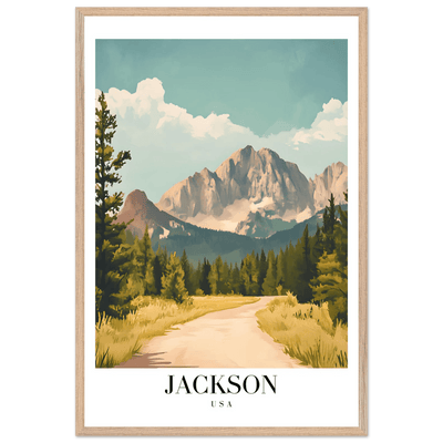 Jackson USA Mountain Landscape Framed Poster – Vintage Travel Wall Art with Wooden Frame - Vibrantwalls