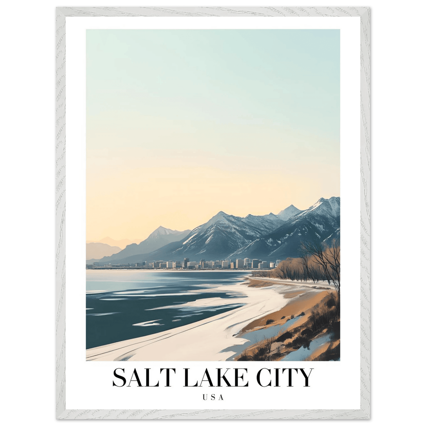 Salt Lake City Framed Poster – Modern Winter Landscape Art with Wood Frame - Vibrantwalls