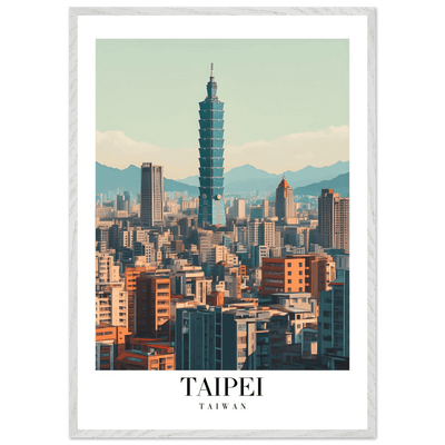 Taipei Taiwan Cityscape Framed Poster – Modern Retro Travel Art with Wooden Frame Options - Vibrantwalls