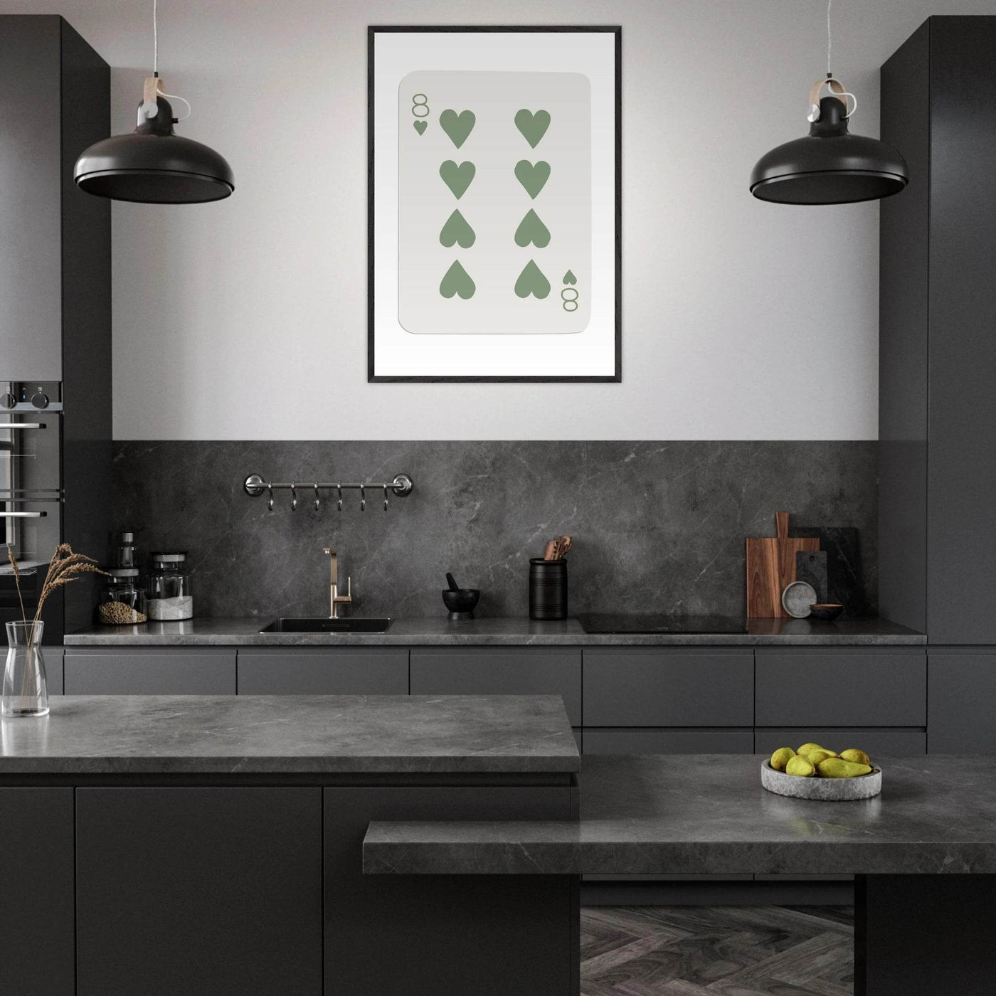 Minimalist Eight of Hearts Poker Card Print - Mounted Framed Poster Art, Eco-Friendly Wood Frame in Sage Green - Vibrantwalls