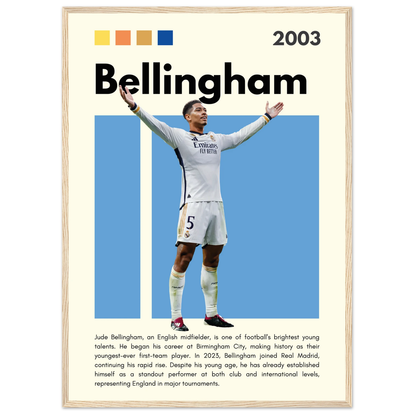 Jude Bellingham Real Madrid Football Poster – Modern Pop Art Print in Your Choice of Frame 50x70 cm 20x28″ Wood frame Vibrantwalls