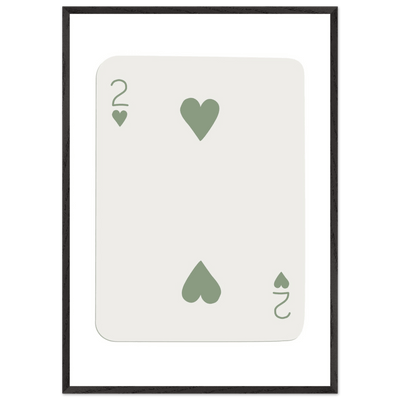 Minimalist Two of Hearts Poker Card Print - Sage Green & Cream Framed Art for Modern Decor, Eco Wood Frame - Vibrantwalls