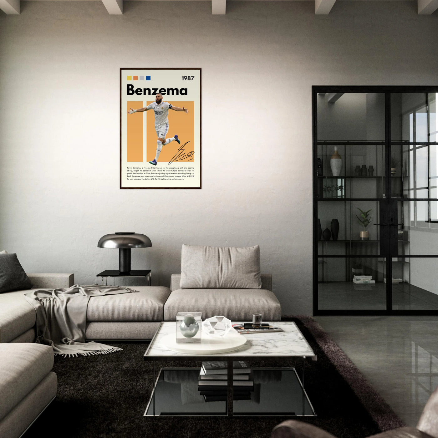 Karim Benzema Real Madrid Soccer Framed Poster – Modern Football Art Print with Signature Detail Vibrantwalls