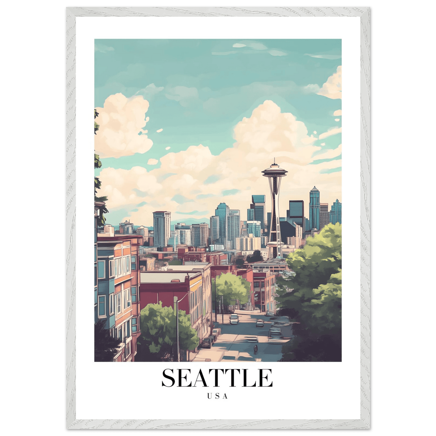 Seattle USA Framed Poster – Charming Watercolor Cityscape Wall Art with Wooden Frame - Vibrantwalls