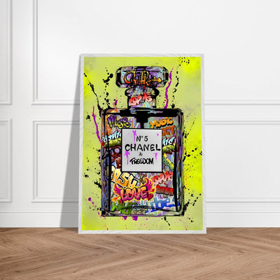 Coco Chanel No. 5 Graffiti Art Print - Vibrant Street Style Perfume Bottle Framed Wall Art - Vibrantwalls