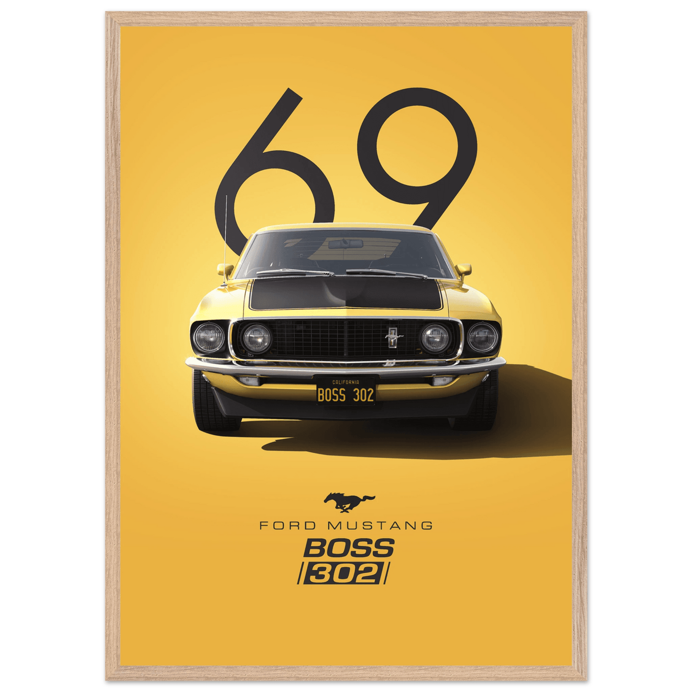 1969 Ford Mustang Boss 302 '69 - Iconic Yellow Framed Poster | Ready-to-Hang, Premium Art Print - Vibrantwalls