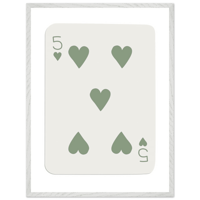 Five of Hearts Poker Card Print - Sage Green Aesthetic Framed Art, Eco-Friendly Wood Frame in Multiple Sizes - Vibrantwalls
