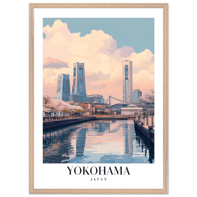 Yokohama Japan Framed Poster – Serene Pastel Cityscape Wall Art with Wooden Frame - Vibrantwalls
