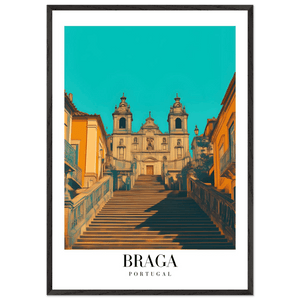 Braga Portugal Framed Poster – Vintage Travel Wall Art with Teal & Gold Hues, Choose Your Frame & Size - Vibrantwalls