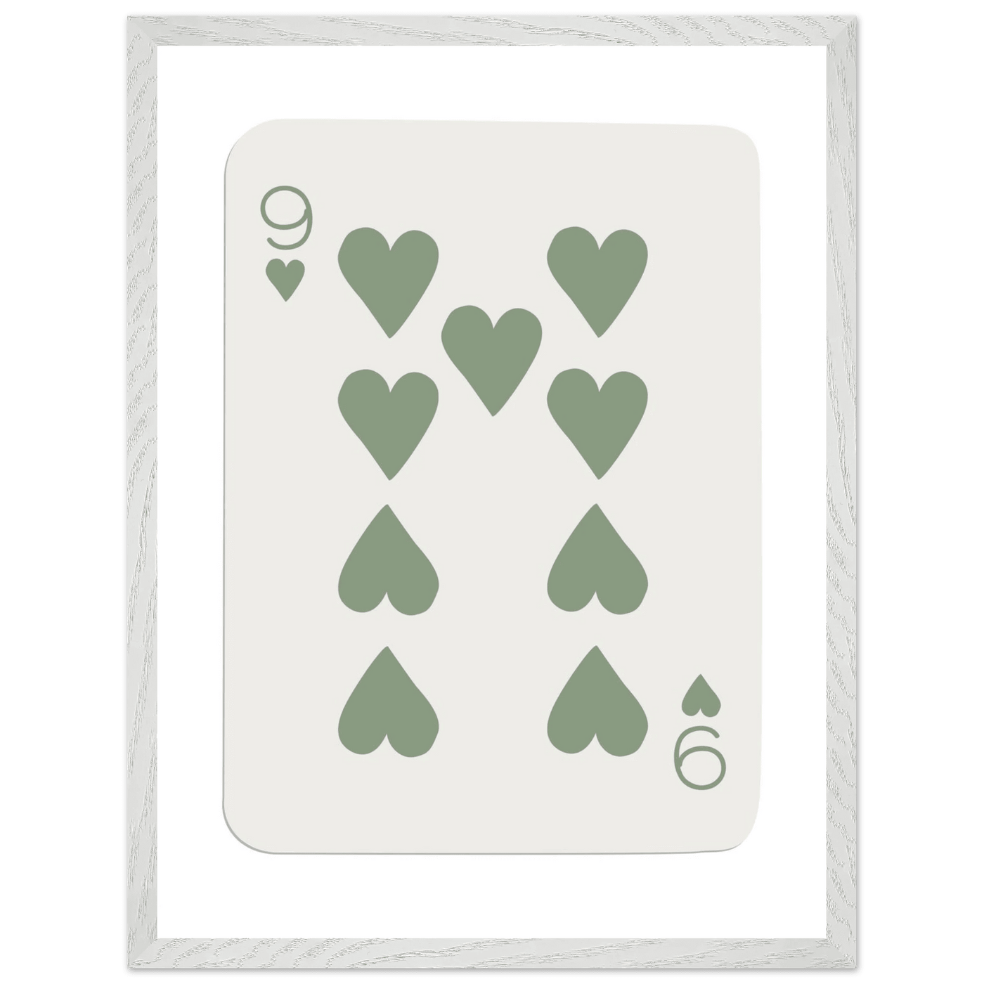 Minimalist Nine of Hearts Poker Card Print - Mounted Framed Wall Art, Sage Green Boho Decor, Eco-Friendly Wood Frame - Vibrantwalls