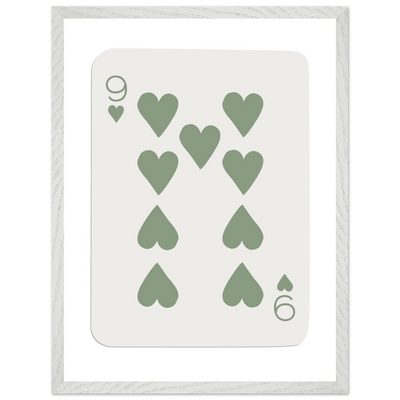 Minimalist Nine of Hearts Poker Card Print - Mounted Framed Wall Art, Sage Green Boho Decor, Eco-Friendly Wood Frame - Vibrantwalls