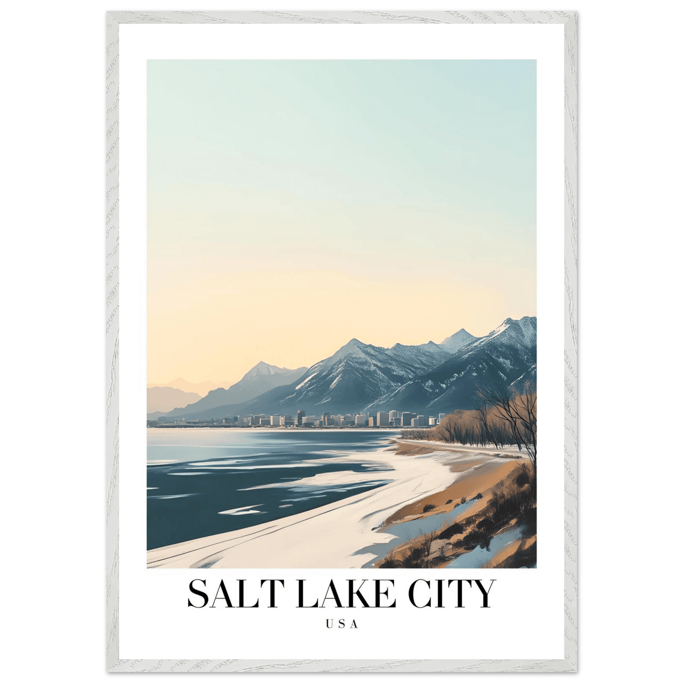 Salt Lake City Framed Poster – Modern Winter Landscape Art with Wood Frame - Vibrantwalls
