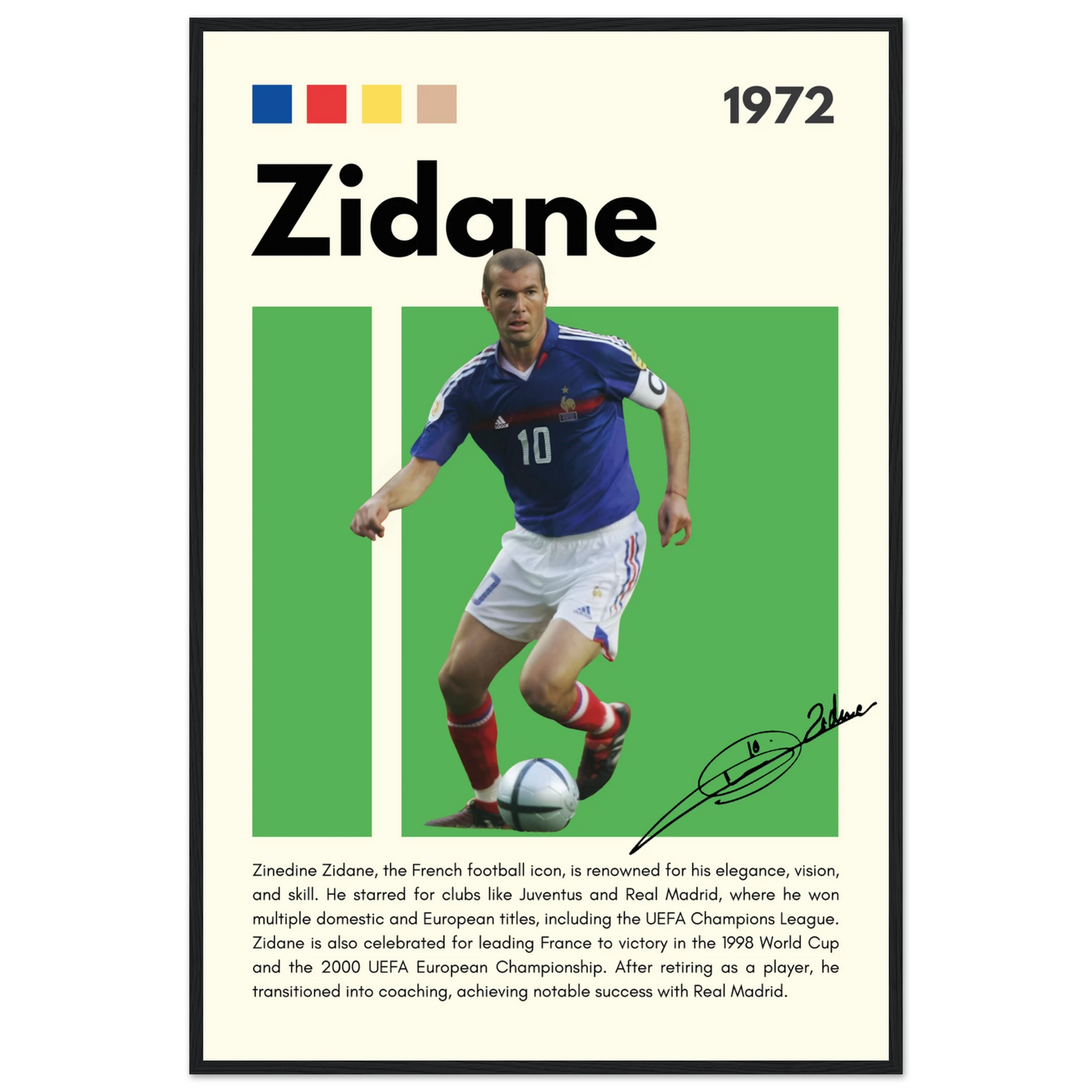 Zinedine Zidane Football Legend Framed French Poster 60x90 cm 24x36″ Black frame Vibrantwalls