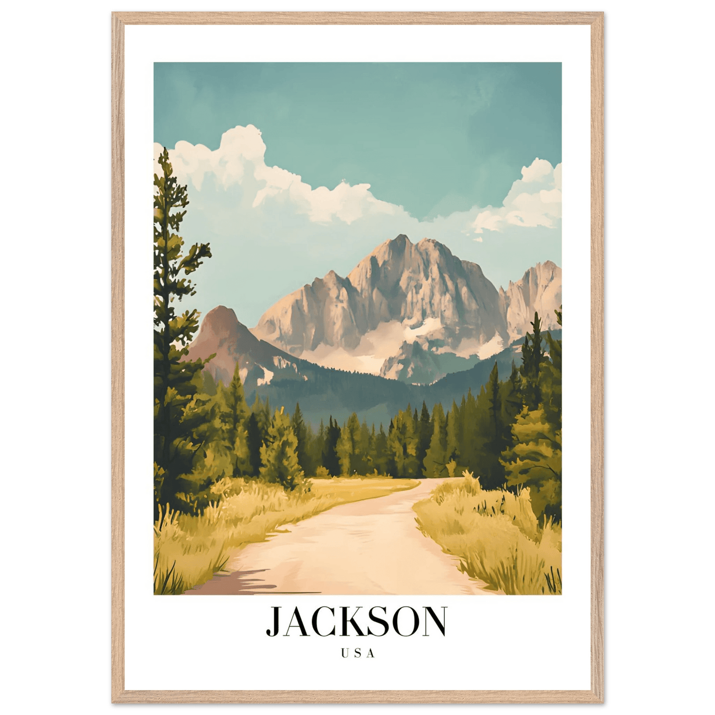 Jackson USA Mountain Landscape Framed Poster – Vintage Travel Wall Art with Wooden Frame - Vibrantwalls