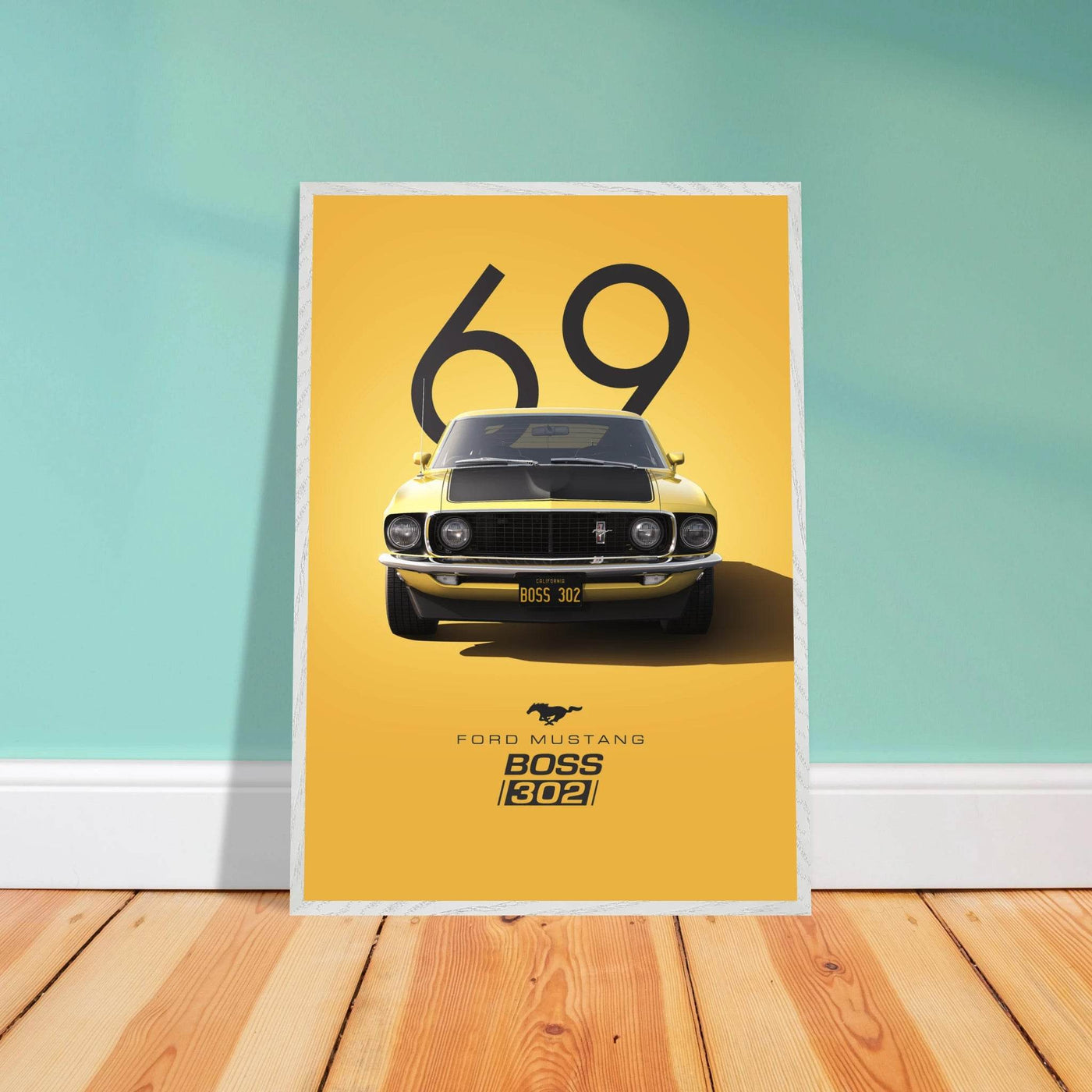 1969 Ford Mustang Boss 302 '69 - Iconic Yellow Framed Poster | Ready-to-Hang, Premium Art Print - Vibrantwalls