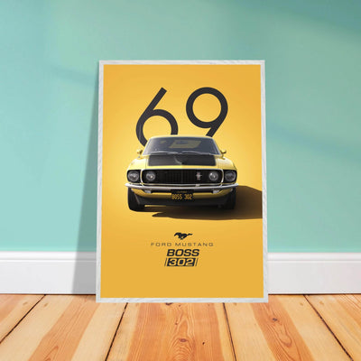 1969 Ford Mustang Boss 302 '69 - Iconic Yellow Framed Poster | Ready-to-Hang, Premium Art Print - Vibrantwalls