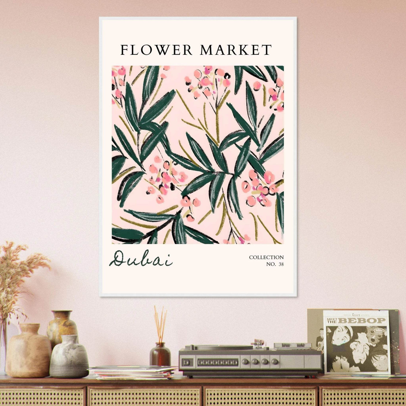 Dubai Flower Market Art Print – Blush Pink & Emerald Green Botanical Framed Poster | Ready-to-Hang - Vibrantwalls