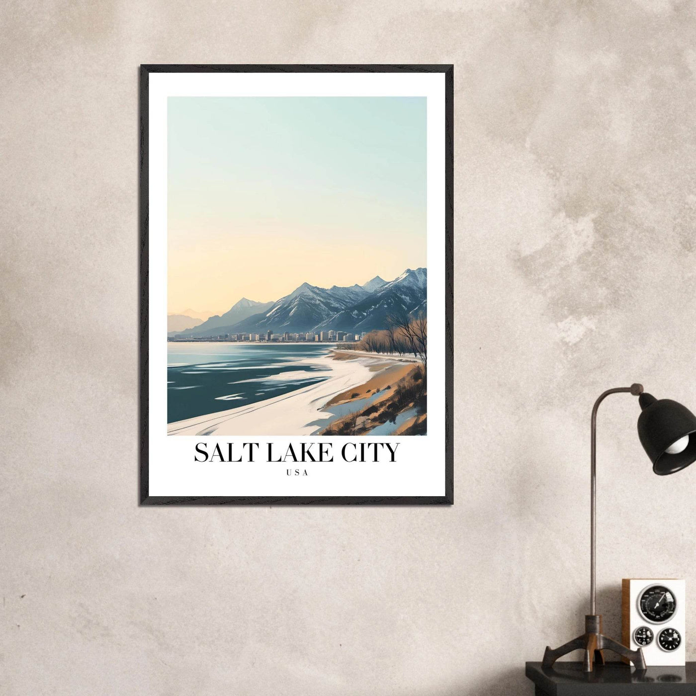 Salt Lake City Framed Poster – Modern Winter Landscape Art with Wood Frame - Vibrantwalls
