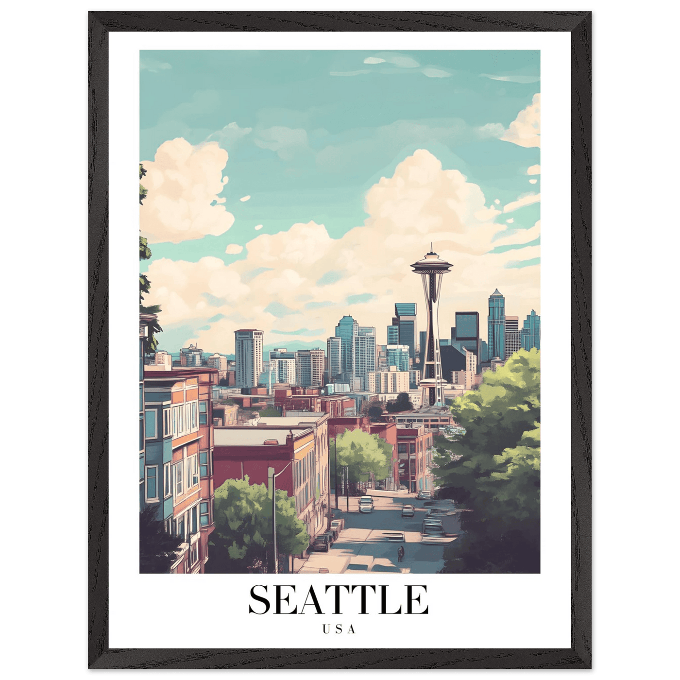 Seattle USA Framed Poster – Charming Watercolor Cityscape Wall Art with Wooden Frame - Vibrantwalls