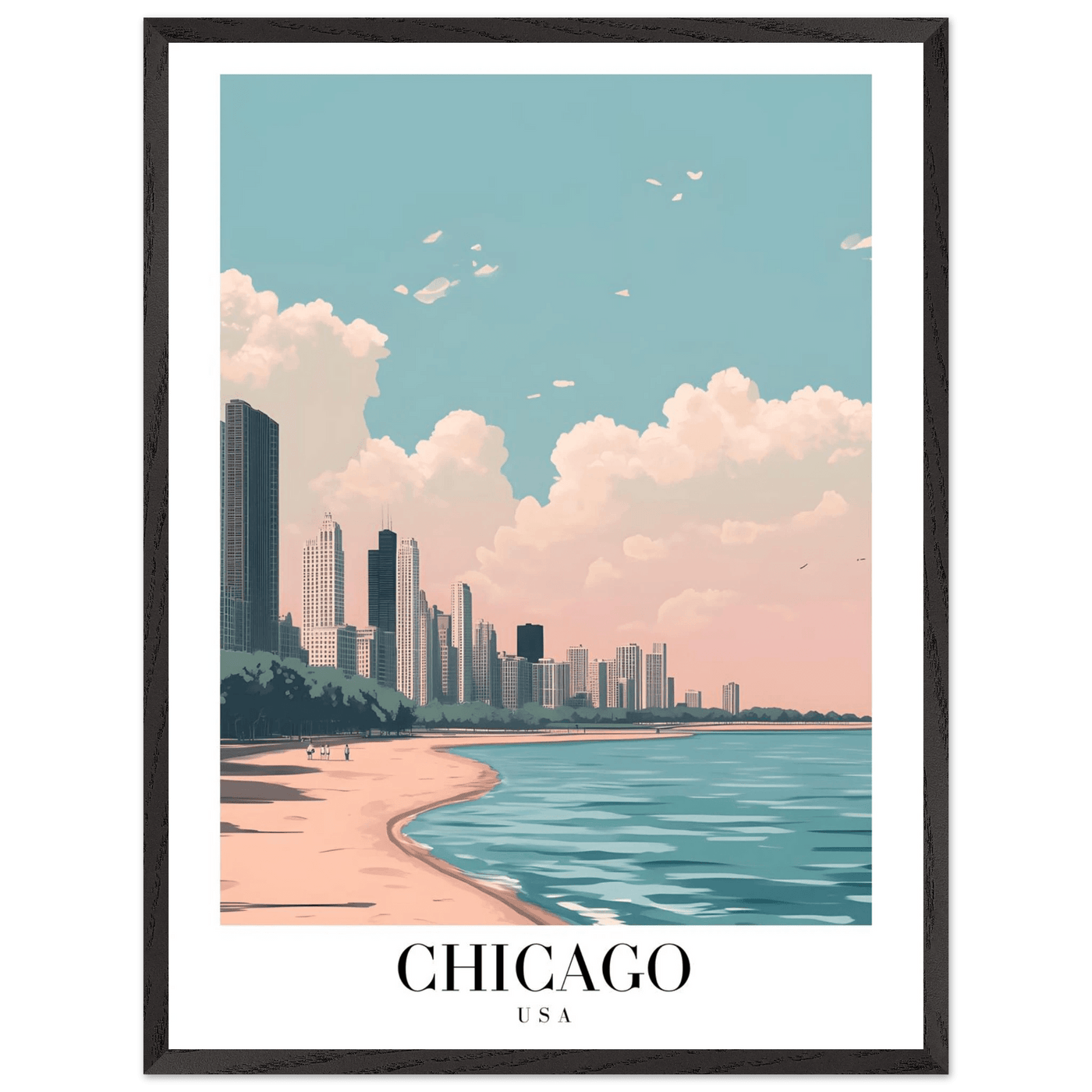 Chicago Lakeside View Framed Poster – Pastel Cityscape Wall Art with Wooden Frame - Vibrantwalls