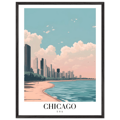 Chicago Lakeside View Framed Poster – Pastel Cityscape Wall Art with Wooden Frame - Vibrantwalls