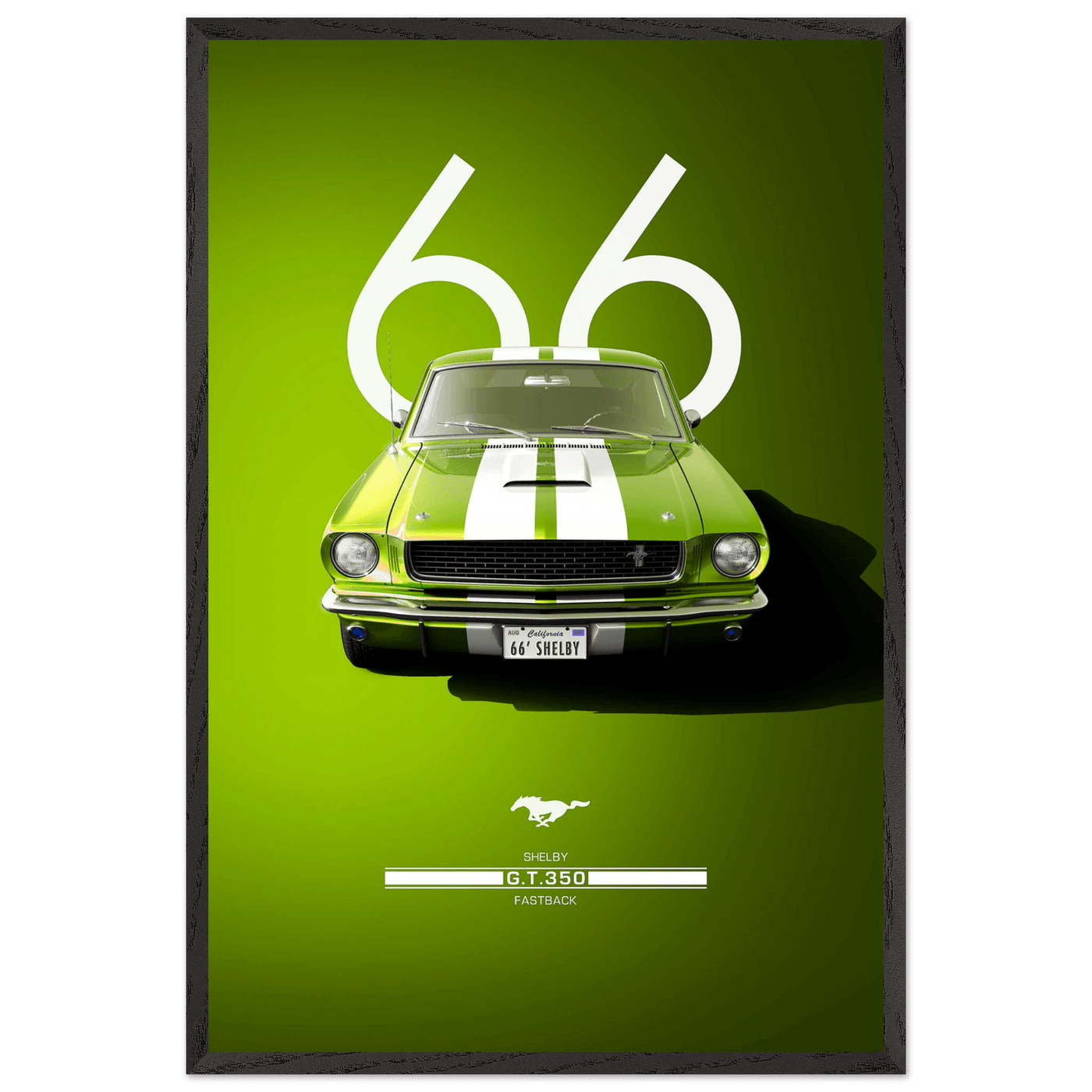 1966 Shelby GT350 Fastback Poster - Iconic Green & White Racing Stripes | Premium Framed Art, Ready-to-Hang - Vibrantwalls