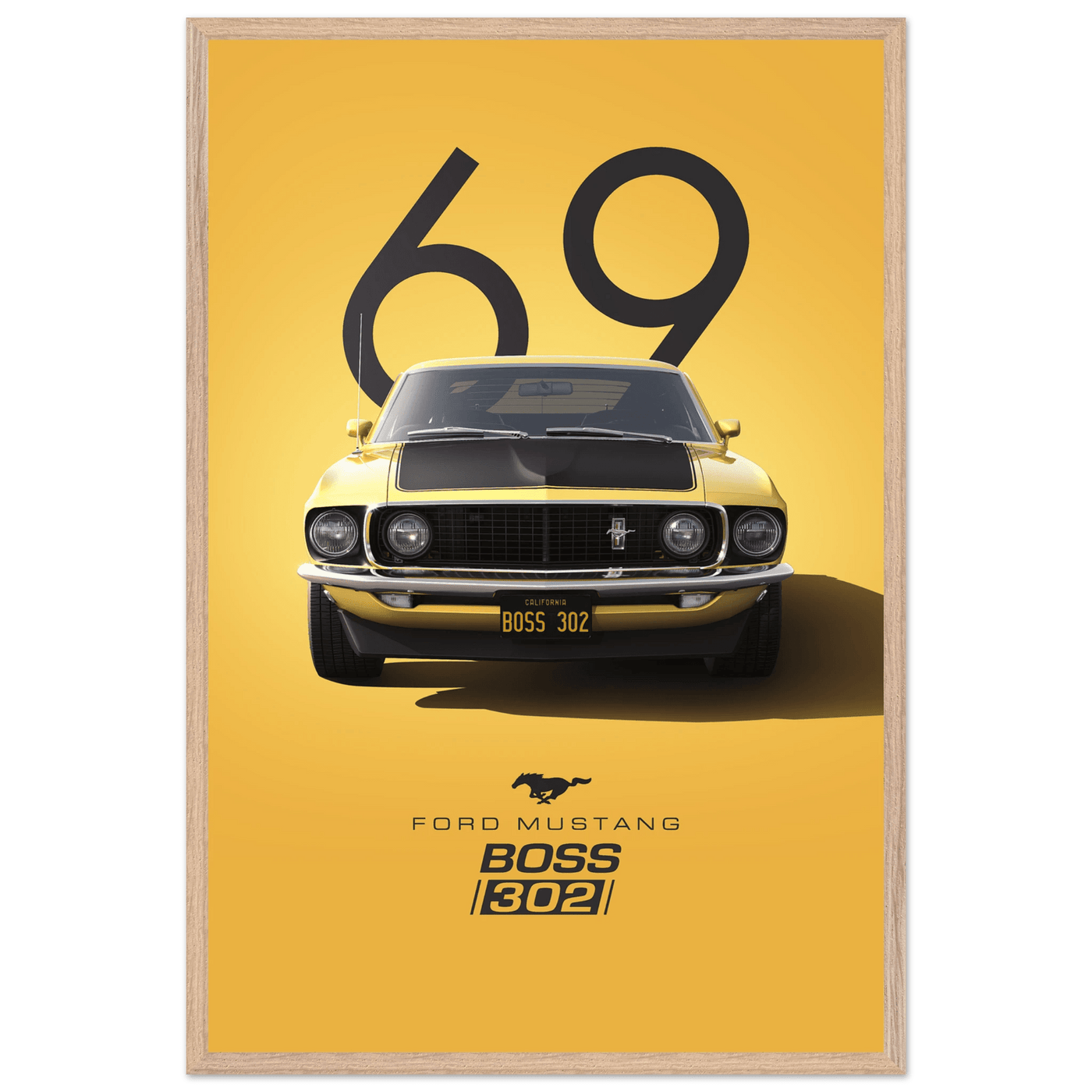 1969 Ford Mustang Boss 302 '69 - Iconic Yellow Framed Poster | Ready-to-Hang, Premium Art Print - Vibrantwalls