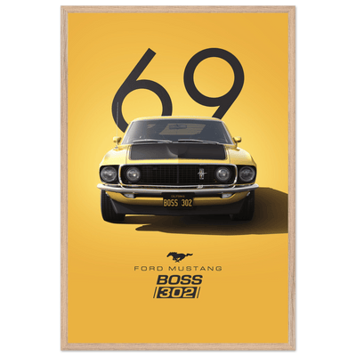 1969 Ford Mustang Boss 302 '69 - Iconic Yellow Framed Poster | Ready-to-Hang, Premium Art Print - Vibrantwalls