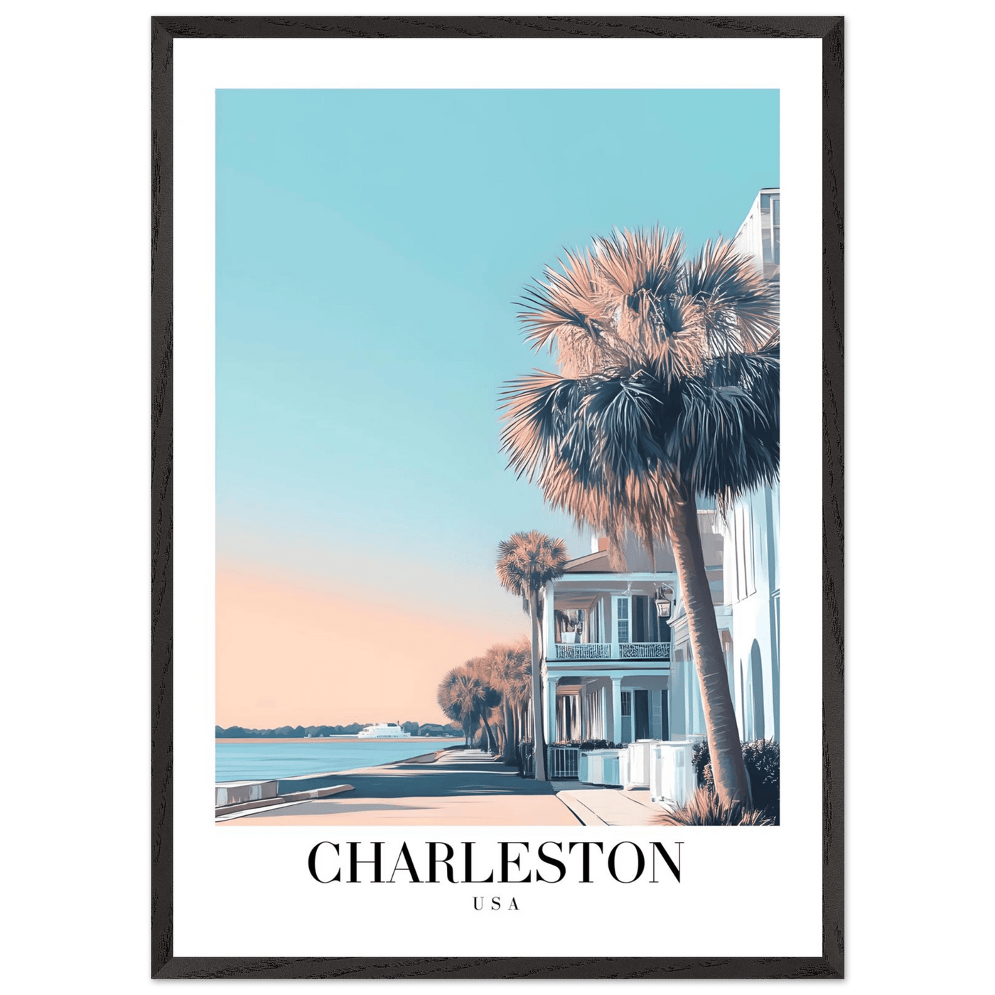 Charleston USA Framed Poster – Coastal Vintage Wall Art with Wooden Frame and Serene Sunset Hues - Vibrantwalls