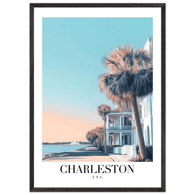 Charleston USA Framed Poster – Coastal Vintage Wall Art with Wooden Frame and Serene Sunset Hues - Vibrantwalls
