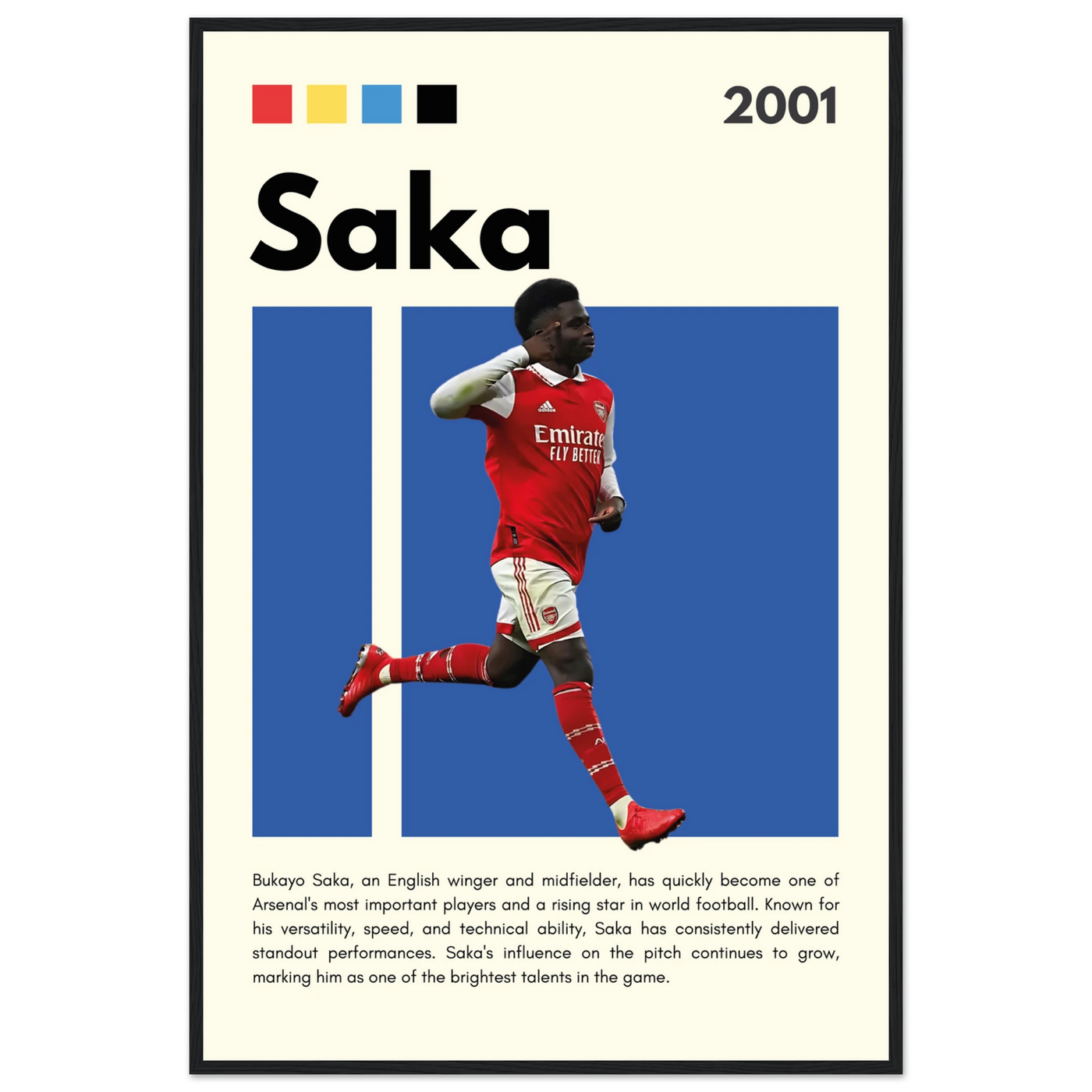 Bukayo Saka Arsenal Framed Poster – Modern Football Art Print for Gooners 60x90 cm 24x36″ Black frame Vibrantwalls