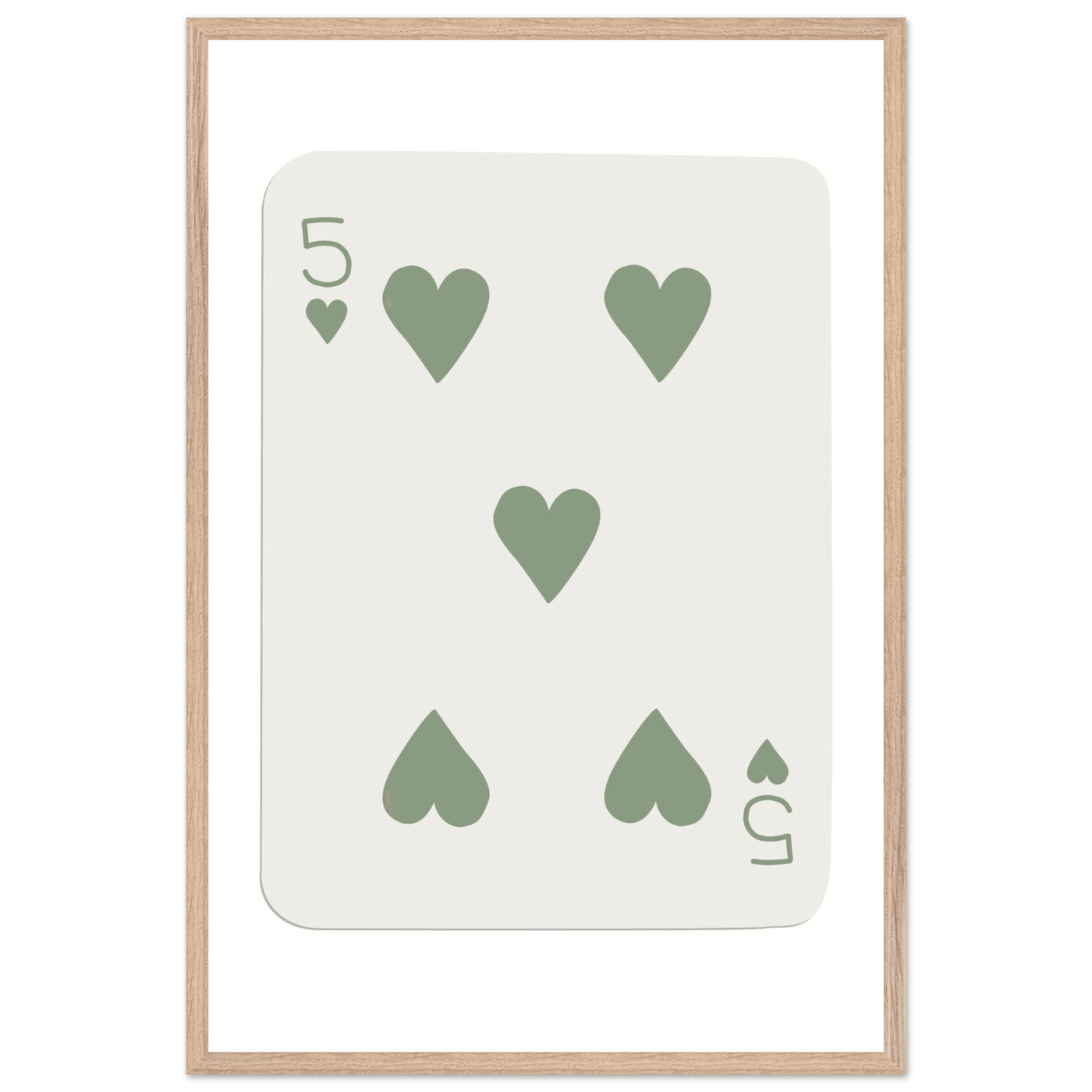 Five of Hearts Poker Card Print - Sage Green Aesthetic Framed Art, Eco-Friendly Wood Frame in Multiple Sizes - Vibrantwalls