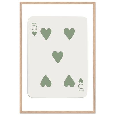 Five of Hearts Poker Card Print - Sage Green Aesthetic Framed Art, Eco-Friendly Wood Frame in Multiple Sizes - Vibrantwalls
