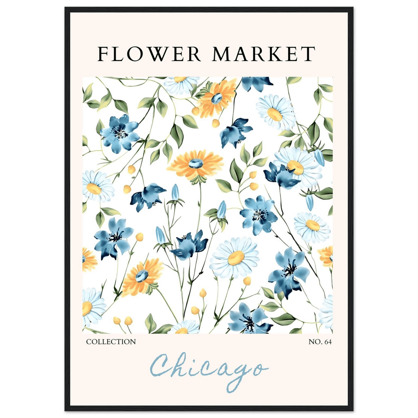 Flower Market Chicago Collection Framed Poster – Whimsical Blue & Yellow Floral Art Print | Ready-to-Hang - Vibrantwalls