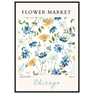 Flower Market Chicago Collection Framed Poster – Whimsical Blue & Yellow Floral Art Print | Ready-to-Hang - Vibrantwalls