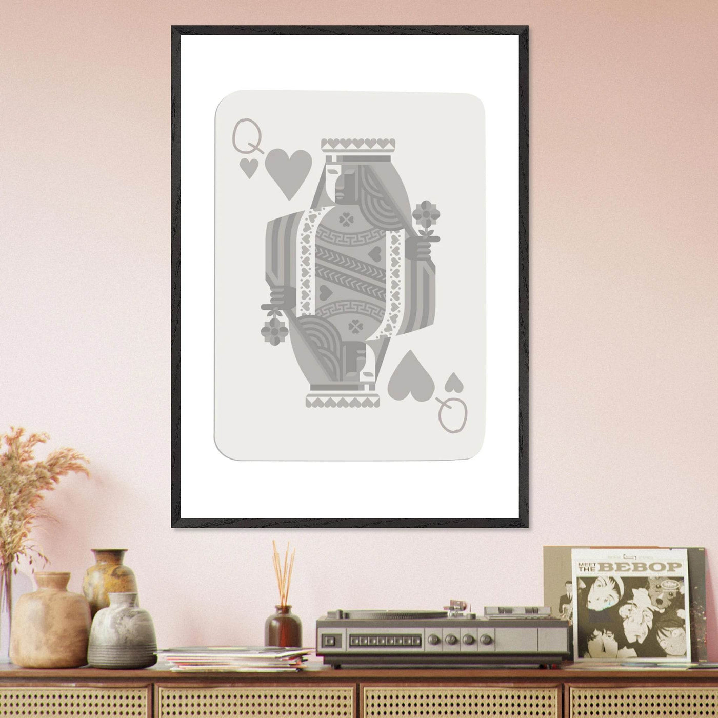 Queen of Hearts Poker Card Print - Grey & White Framed Art, Eco-Friendly Wood Frame in Multiple Sizes - Vibrantwalls