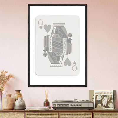 Queen of Hearts Poker Card Print - Grey & White Framed Art, Eco-Friendly Wood Frame in Multiple Sizes - Vibrantwalls