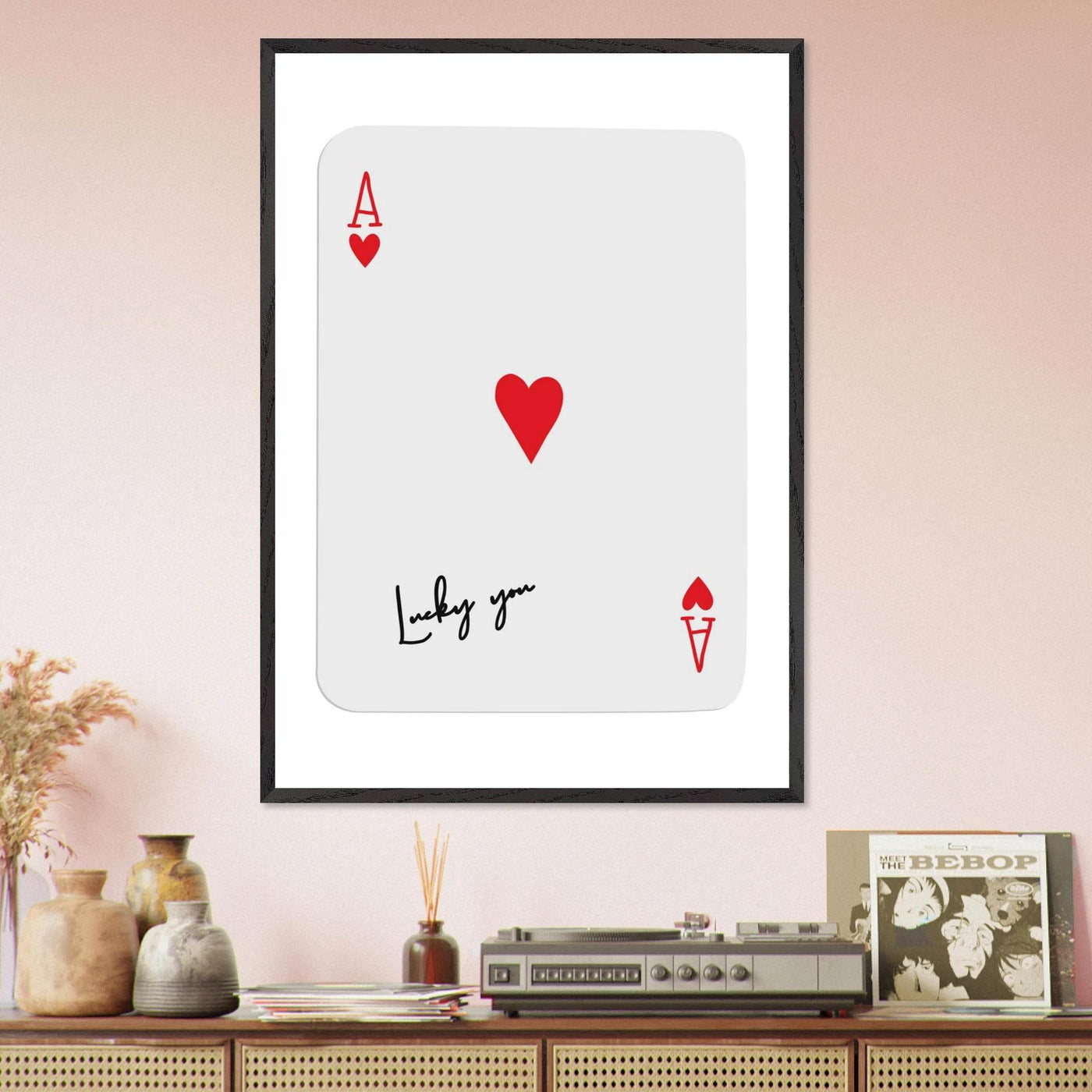 Lucky You Ace of Hearts Card Print - Framed Poker Art, Modern Design, Eco-Friendly Wood Frame - Vibrantwalls