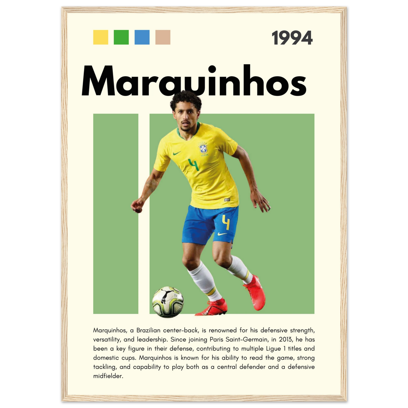 Marquinhos Brazil Football Framed Poster – Iconic Soccer Art Print for Fans 50x70 cm 20x28″ Wood frame Vibrantwalls