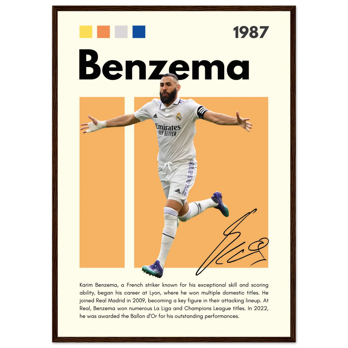 Karim Benzema Real Madrid Soccer Framed Poster – Modern Football Art Print with Signature Detail 50x70 cm 20x28″ Dark wood frame Vibrantwalls
