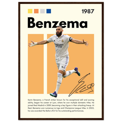 Karim Benzema Real Madrid Soccer Framed Poster – Modern Football Art Print with Signature Detail 50x70 cm 20x28″ Dark wood frame Vibrantwalls