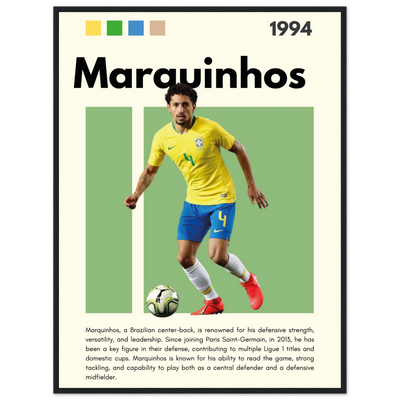 Marquinhos Brazil Football Framed Poster – Iconic Soccer Art Print for Fans 60x80 cm 24x32″ Black frame Vibrantwalls